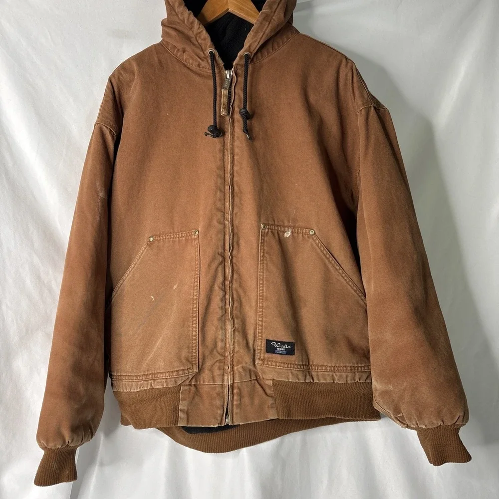 Vtg Walls Work Wear Jacket Men‎ 2XL Brown Duck Canvas Fleece Lined Hooded Grunge